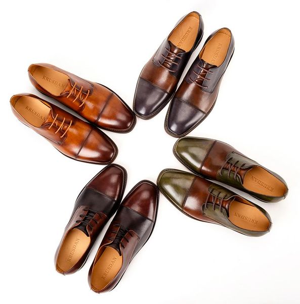 

2020 new genuine leather handmade men's shoes lace-up splicing derby shoes men's business dress bullock oxford male, Black