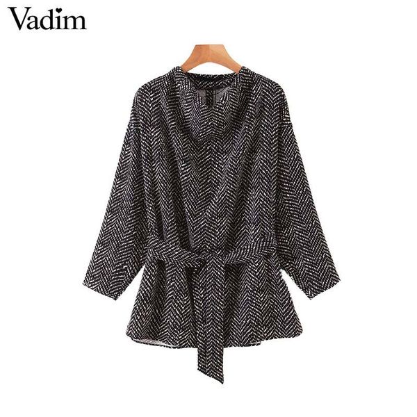 

vadim women elegant retro tweed blouses bow tie sashes long sleeve split shirts vintage causal blusas mujer lb712, White