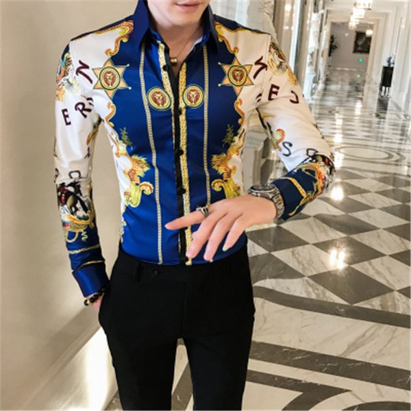 

синий золотой барокко мужские рубашки с длинным рукавом рубашки streetwear мужская одежда 2020 платье социального пригонки вскользь camisas, White;black