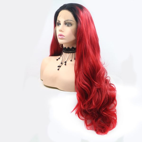 

2019 горячие продажи суперзвезда стиль 24 дюймов ombre красный цвет глубокая волна парики фронта шнурка теплостойкие для леди, Black