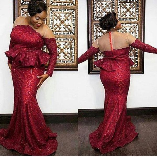 

plus size burgundy sequins evening dresses sheer jewel neck long sleeve mermaid peplum formal occasion prom dresses custom made, Black