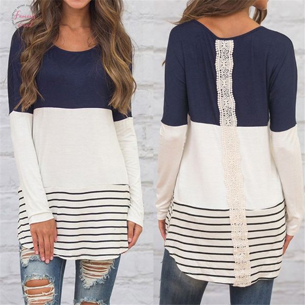 

womens and blouses 2019 fashion back lace blouse striped long sleeve blouse tunic shirt jumper flutter sleeve blusas femininas, White