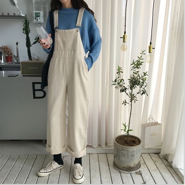 

pengpious girls sell loose jumpsuit jeans with large pocket apricot denim overalls for women, Blue