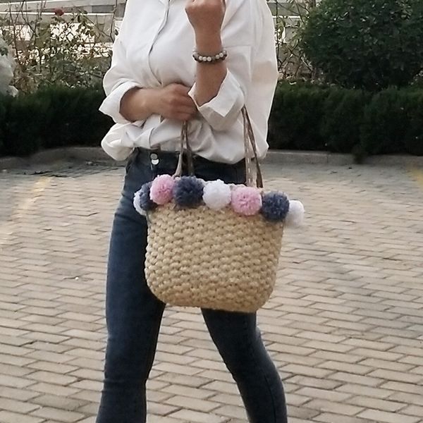 

новая мода ручной работы ведро мешок мех мяч кружева соломенная сумка фото пляж
