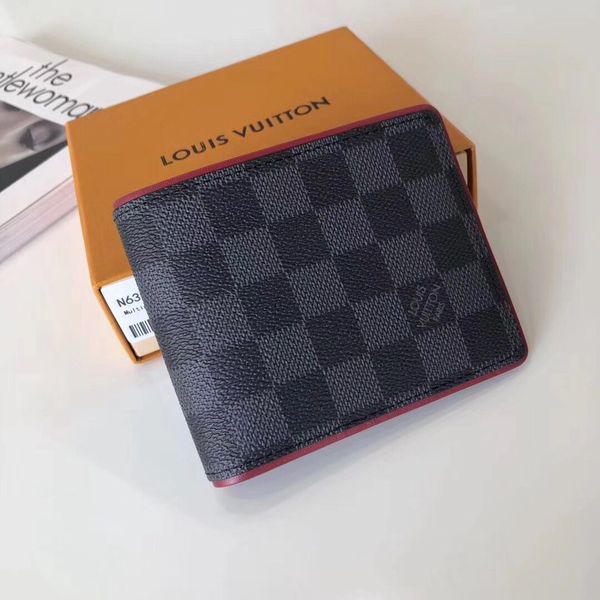 

Fa hion cla ic black grid word canva men hort wallet with box women genuine leather quare wallet pur e women cardholder n63260