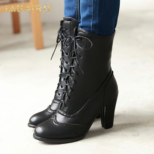 

sarairis 2018 plus size 32-43 lace up women shoes fashion wholesale square heels add fur ankle boots winter warm boot, Black
