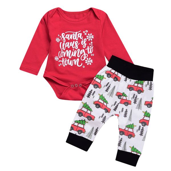 

new fashion christmas newborn baby girls santa coming long sleeve bodysuit print long pants 2pcs cute outfits set clothes, Pink;blue
