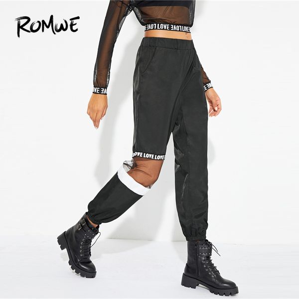 

mesh contrast letter print pants 2020 streetwear elastic waist spring autumn pants women clothes high waist trousers, Black;white