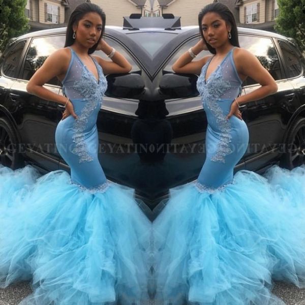 

sky blue mermaid v-neck prom dresses 2019 sheer applique plus size black girl african formal party evening gowns robe de soiree