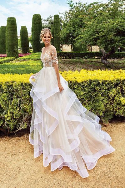 

lovely princess style layer ruffles tulle wedding dress 2019 illusion mesh long sleeve lace applique bridal gowns, White