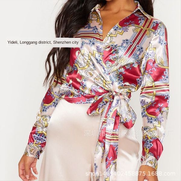 

printed satin v-neck tie waist autumn su1321 printed shirt satin v-neck tie shirt waist autumn su1321, White
