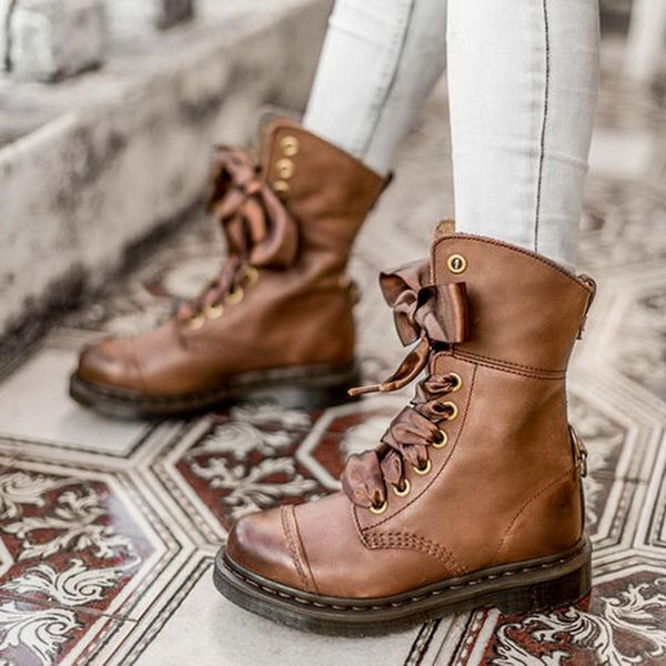 

wenyujh women's short boots vintage retro lace up female motorcycles boots lace up leather mid-calf plus size 35-43, Black