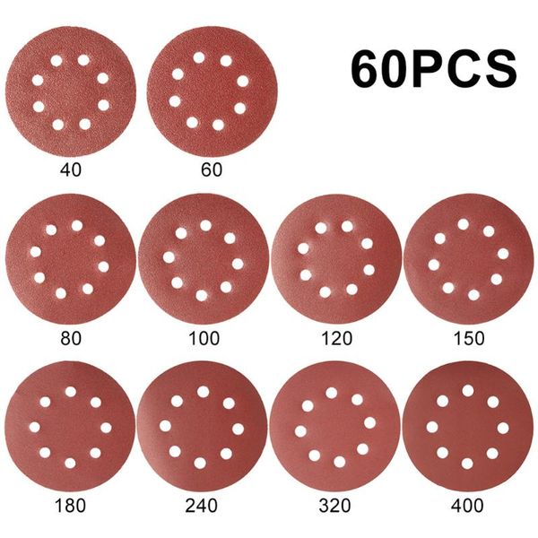 

60pcs 5" 125mm round sandpaper eight 8 holes sand sheets hook loop 40/60/80/100/120/150/180/240/320/400 grits for rough grinding