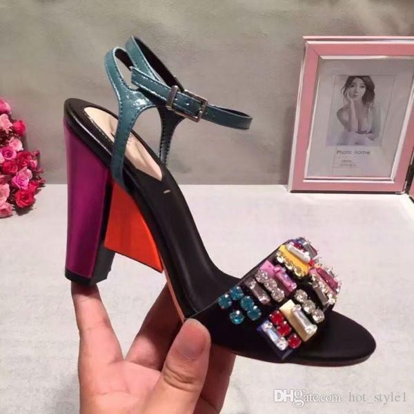 

women new style fashion color rhinestone chunky heel sandals ladies genuine leather ankle strap high heel sandals women fashion brand sandal, Black