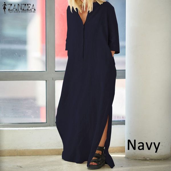 

women's sundress vintage maxi dress 2019 zanzea linen dresses female v neck half sleeve button vestidos kaftan split robe femme, Black;gray