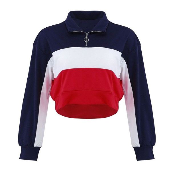

2019 autumn women hoodie zipper crop patchwork shirt sweat coat casual sportswear long-sleeve pullover sweatshirt blouse, White