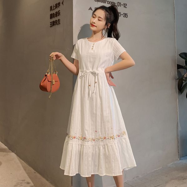 

2020 new maternity dresses summer style maternity clothing embroidery mid-calf clothes for pregnant women, White
