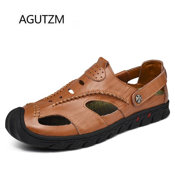 

agutzm 9180 new fashion plus size 38 - 46 handmade split leather toe cap slip on style rubber sole men's summer sandals shoes, Black