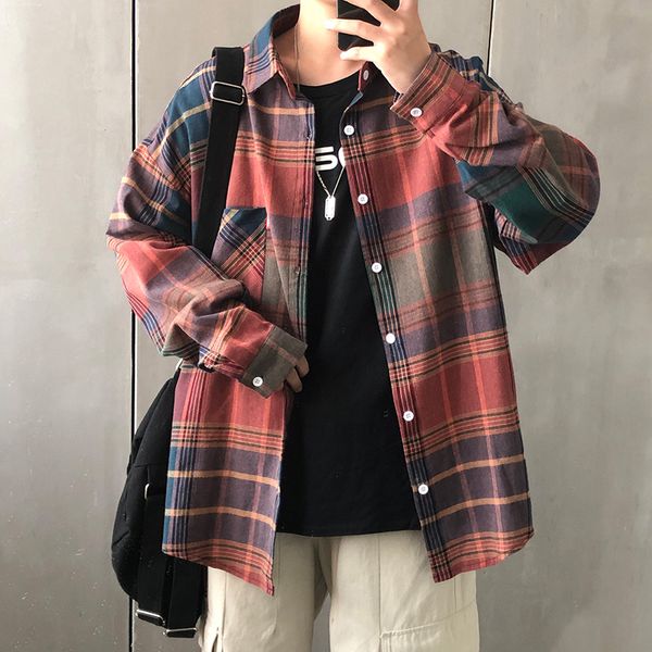 

hip hop personality plaid long sleeve shirt male big size loose autumn teen shirt casual shirts single breasted 60cs, White;black