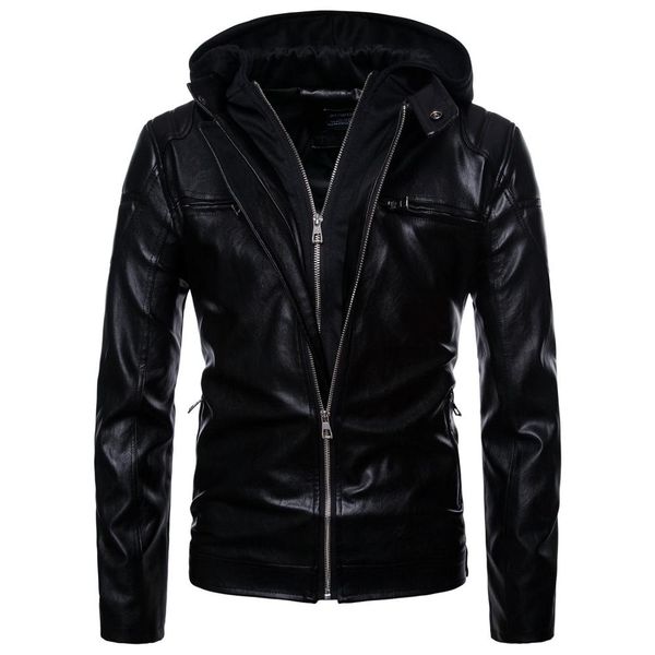

pu leather jacket men fine punk guy hooded motorcycle leather jacket men clothes 2019 fashion male clothing coat s-2xl, Black
