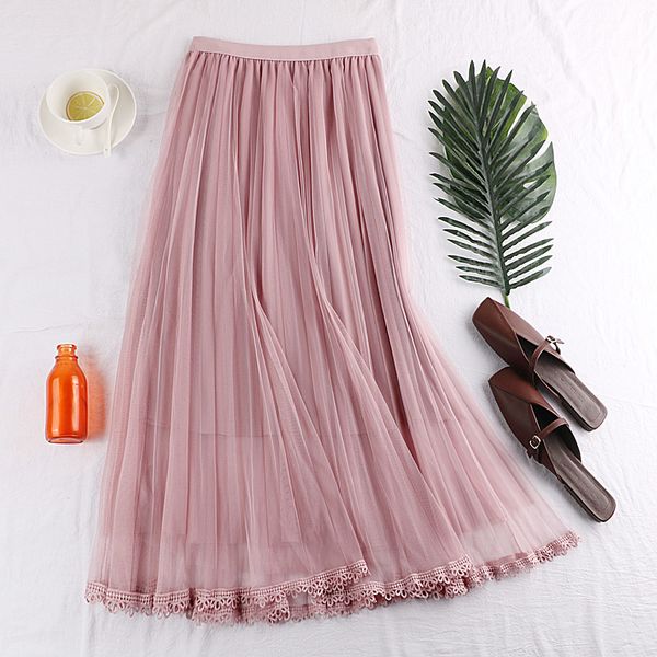 

qian si chen e53 spring new arrival skirt women pink skirt empire slender double-layer mesh pleated half-length korean summer, Black