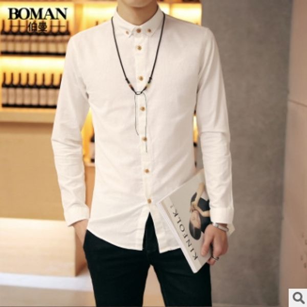 

men's long sleeve cotton and linen solid color shirt no iron korean version slim stand collar casual slim young middle-aged shirt, White;black