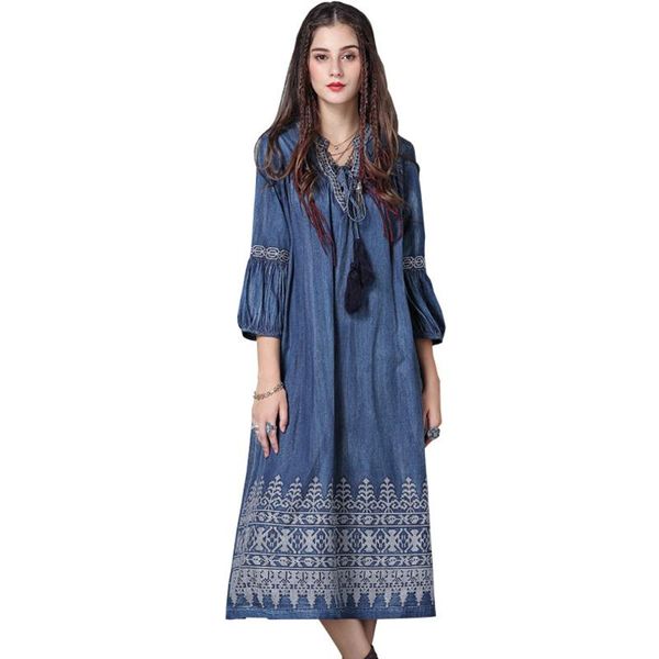 

vintage style loose pattern v-neck embroidery lantern sleeves denim dress for women three quarter sleeves plus size dress fs0964, Black;gray