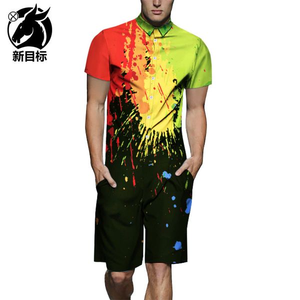 

foreign trade mens summer new jumpsuit short sleeve jumpsuit mens casual shirt suit mens casual, Black
