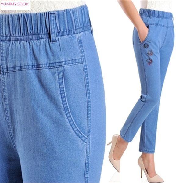 

middle-aged and old stretch high waist nine points jeans female summer large size thin section straight mother casual pants 433, Blue