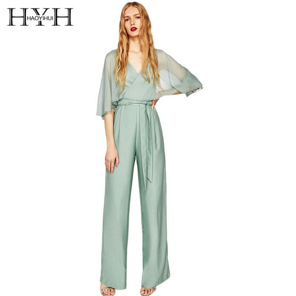 

hyh haoyihui 2018 new fashion women elegant contrast sheer brief half sleeve high-waist solid v-neck jumpsuits, Black;white
