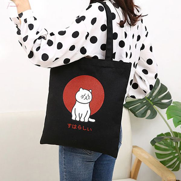 

women cute cat printing canvas shoulder bags large capacity shopping bags casual tote portable handbag bolsos mujer t10