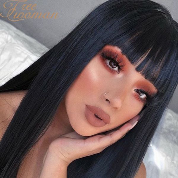 

oman long black straight wig with bangs synthetic wigs for white /black women heat resistant female wigs cosplay daily