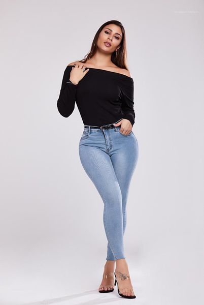 

blue jeans fashion solid color slim fit leg pants simple mid waist famale jeans womens stretch