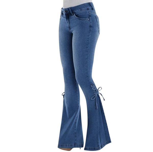 

2020 new summer women jeans fashion casual elastic plus loose denim bow pockets casual boot cut pant softener jean femme #lr3, Blue