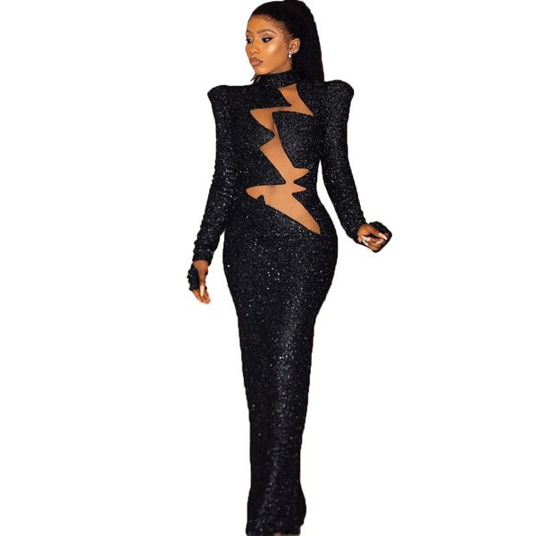 

long-sleeved dress vintage fashion sequins dresses designer luxury elegant spring autumn work party casual tight maxi skirt a25, Black;gray