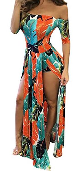 

chellysun women floral off shoulder maxi dress beach high slit dresses, Black;gray