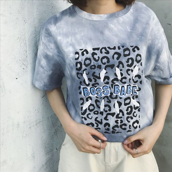 

short-sleeved women's t-shirt 19 t-shirt summer tie dyeing craft leopard print english letter printing loose, White