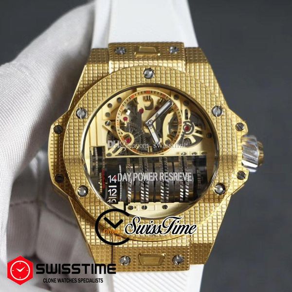 

sale miyota automatic mens watch 18k yellow gold gold skeleton dial big date black rubber strap 45mm watches new swisstime hubg69c3, Slivery;brown