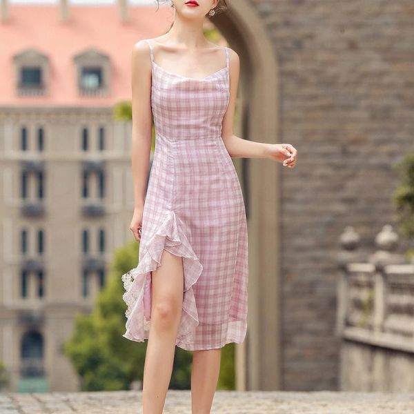 

casual dresses foryunshes vintage plaid print pink chiffon dress woman 2021 summer sweet spaghetti strap boho beach for women, Black;gray
