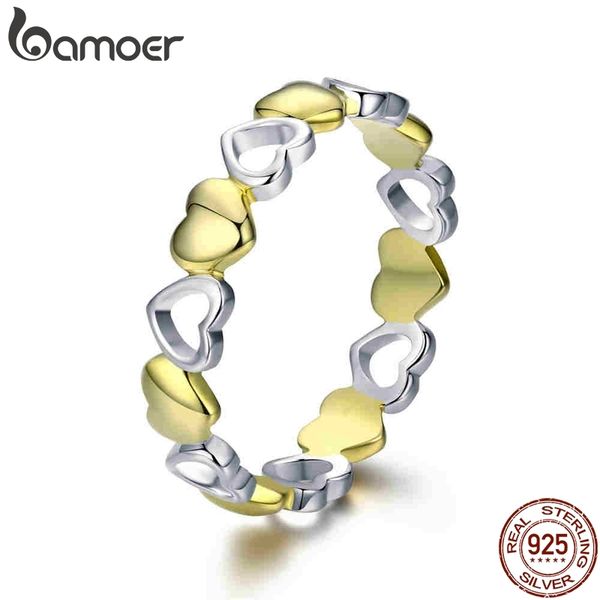 

bamoer 100% 925 sterling silver stackable gold heart engrave finger rings for women sterling silver jewelry scr317, Golden;silver