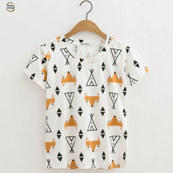 

fox ice cream cone print tees short sleeve casual t shirt women shirt cotton t shirt short, White