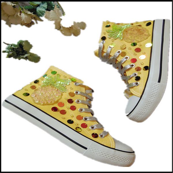 

european station thailand pineapple tide brand high-belt color canvas shoes sequins tassel flat-bottomed sneakers, Black