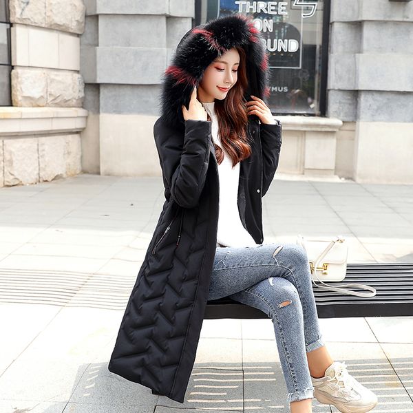 

solid fur hooded thicken long down cotton coats women casual long sleeve warm cotton coats female hardy jackets, Black