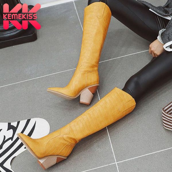

kemekiss plus size 34-48 women knee high boots fashion stone print pointed toe cowgirl shoes women high heels winter boots, Black