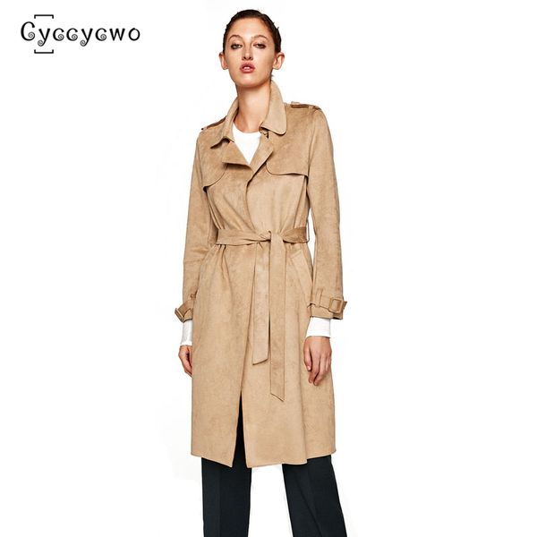 

2019 new brand elegant suede trench coat women belting high waist style long coat woman slim windbreaker overcoat female we0074, Tan;black