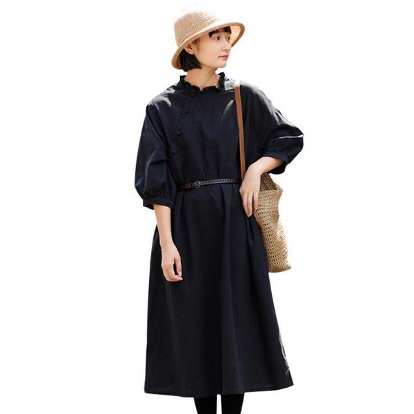 

fairy natural spring autumn loose plate buckle vintage dress ruffled collar 2020 new comfort leisure women linen dress plus size, Black;gray