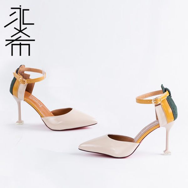 

2019 summer new hollow single shoes word buckle with wild color matching stiletto women's sandals, Black