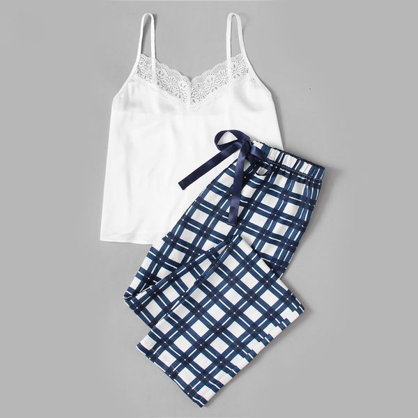 

womens sleepwear femme lingeries woman pajamas set sleepwear white spaghetti strap sleeveless embellished cami plaid pants pajama set, Black;red