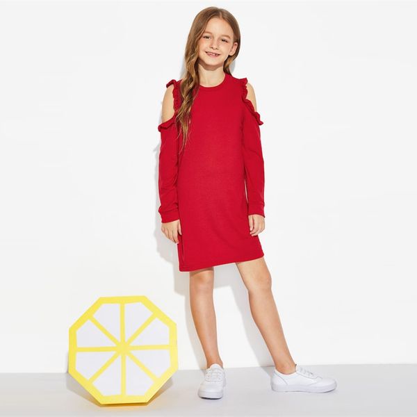 

Red Solid Cold Shoulder Frill Cute Girls Dress 2019 Summer Long Sleeve Cut Out Mini Kids Dresses For Girls Clothing