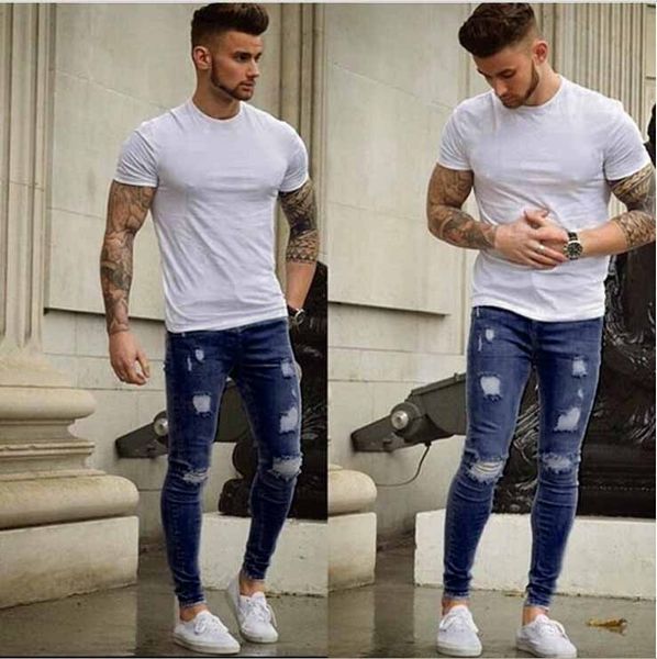 

men's jeans casual spring cotton vintage hip hop work denim pants streetwear mens ripped hole jeans plus size o8r2, Blue
